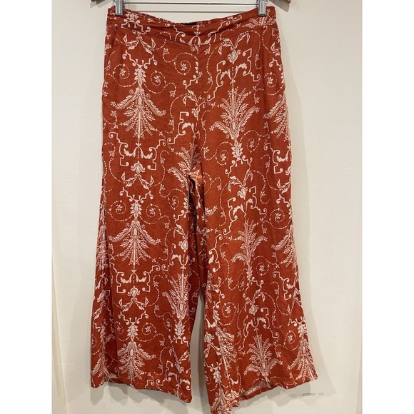 TAHARI 100% Linen Wide Leg Pants Burnt Orange Damask Boho Coastal Grandma L - Picture 4 of 9